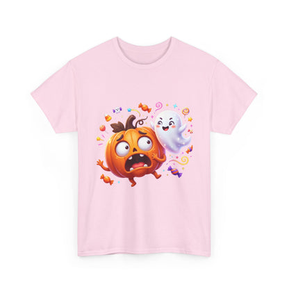Cute Halloween Pumpkin & Ghost Tee — Scared Pumpkin Candy Graphic T-Shirt