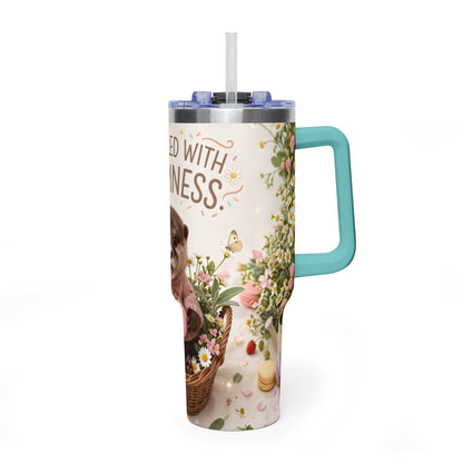 40oz Tumbler – “Sprinkled with Happiness” Puppy Floral Drink Cup