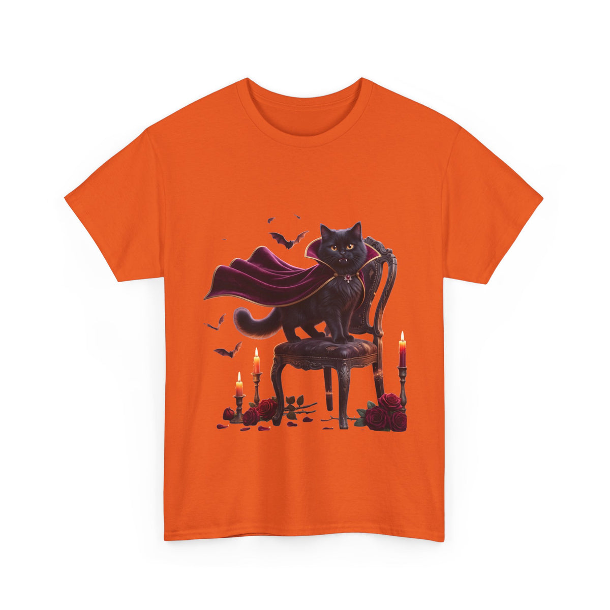 Vampire Cat Tee — Gothic Black Cat with Cape & Candles T-Shirt