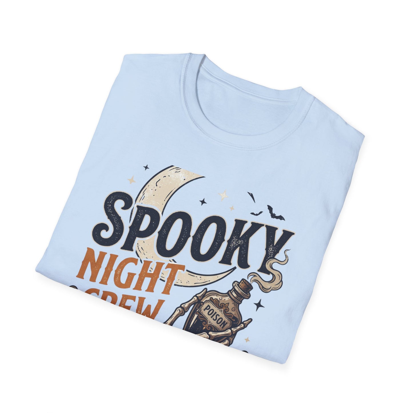 Spooky Night Crew T-Shirt — Halloween Moon, Skeleton & Pumpkins Tee
