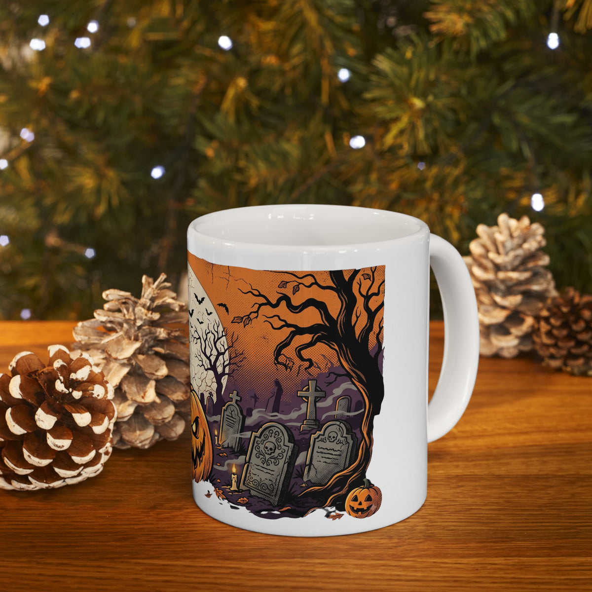 Halloween Pumpkin Mug — Spooky Graveyard Jack-o'-Lantern Ceramic Coffee Cup (11oz/15oz)