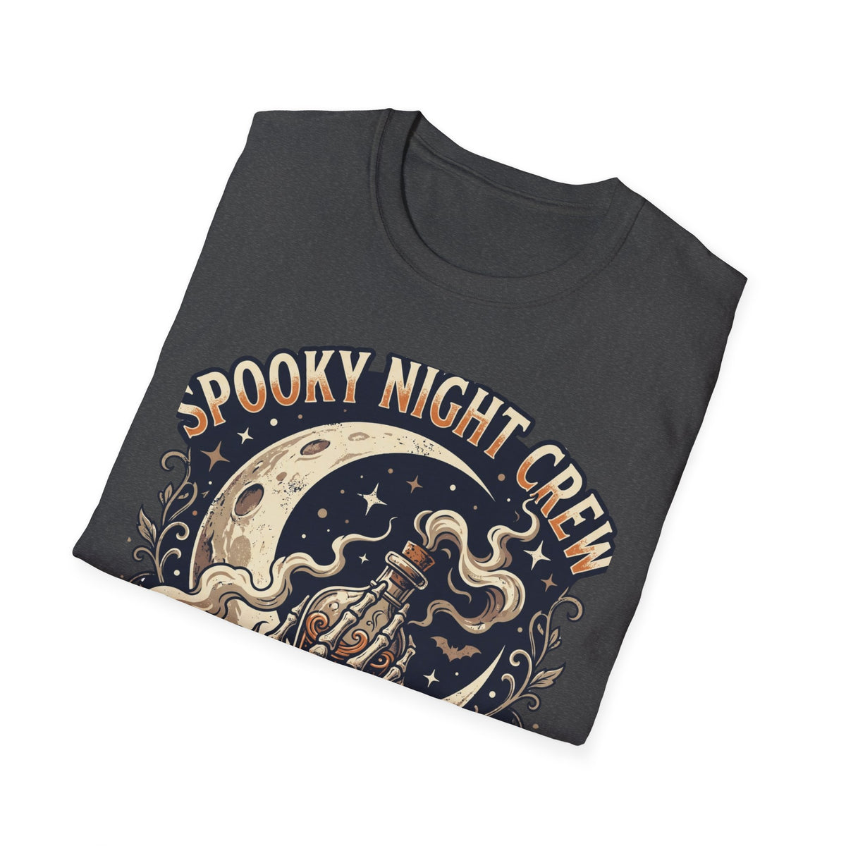 Spooky Night Crew T-Shirt — Vintage Halloween Moon & Skeleton Graphic