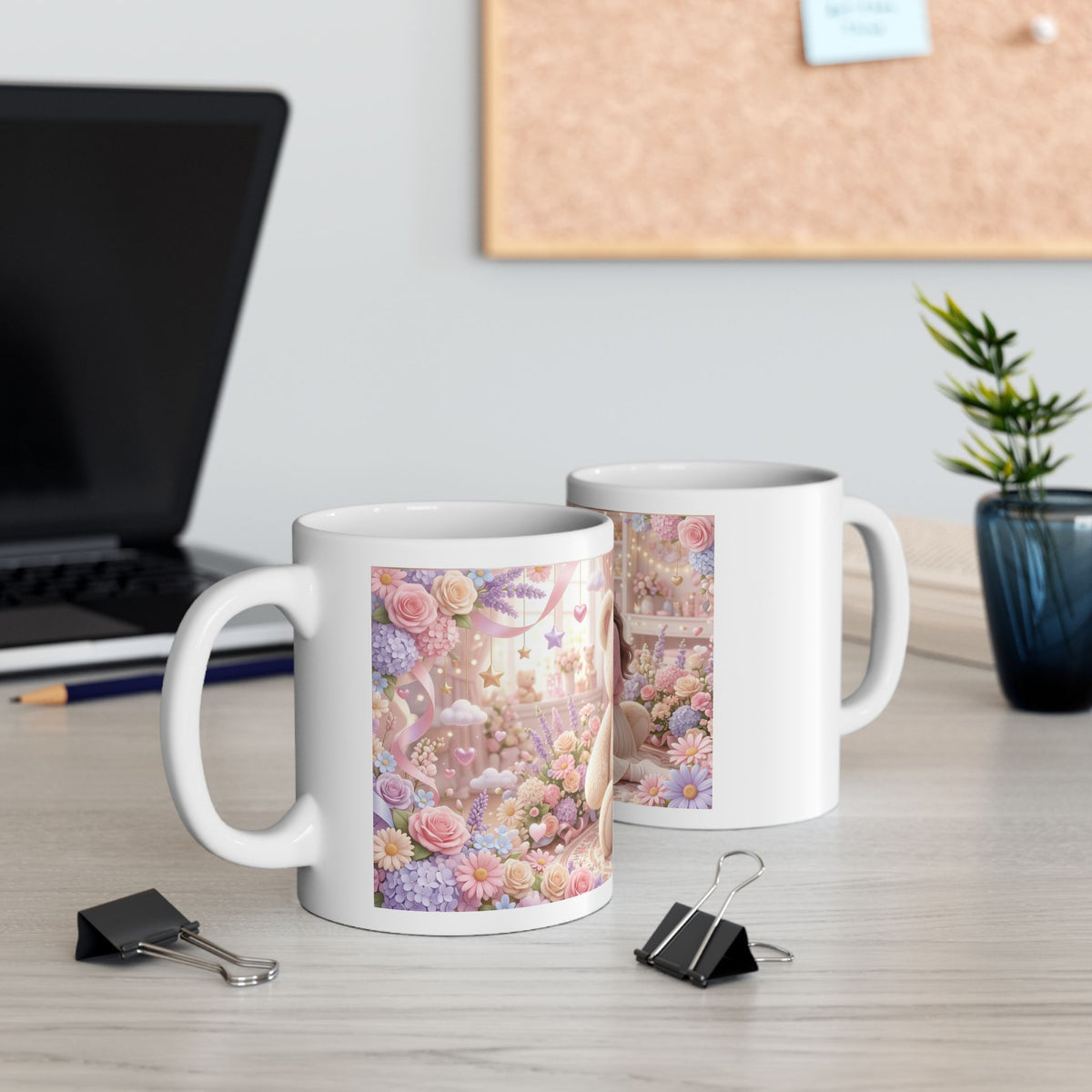 Cute Girl & Teddy Bear Floral Ceramic Mug (11oz, 15oz)