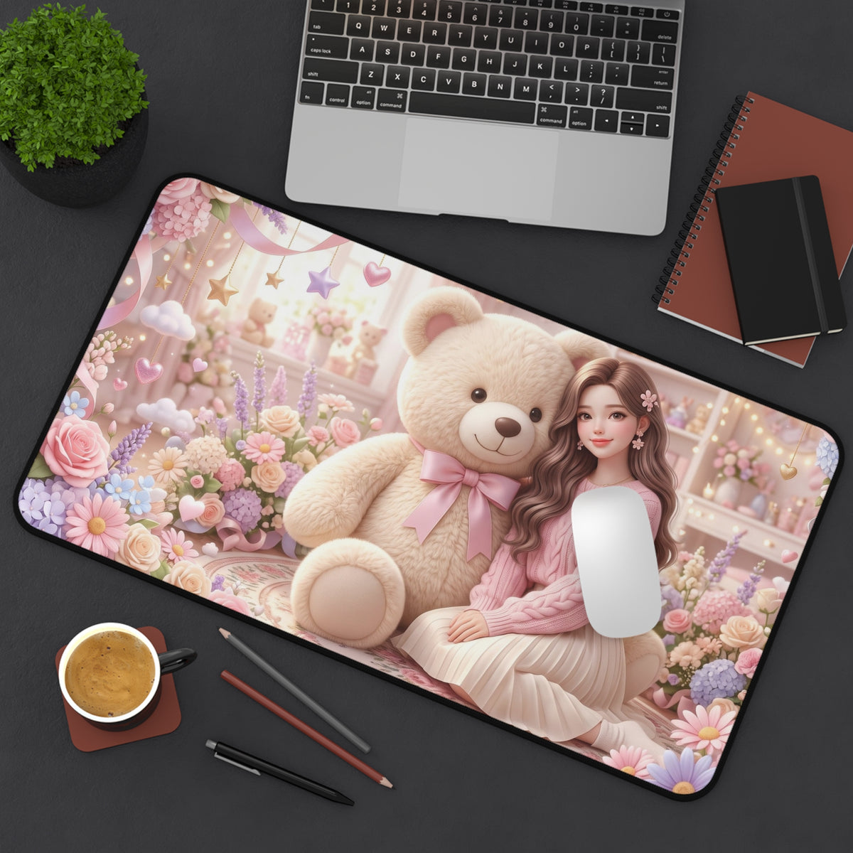 Cute Teddy Bear Desk Mat — Pastel Floral Girl Mousepad