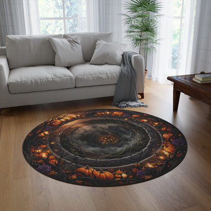 Halloween Haunted Pumpkin Round Rug — Spooky Cottage Vortex Floor Mat