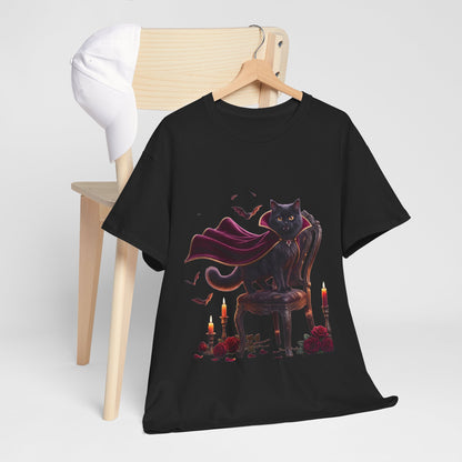 Vampire Cat Tee — Gothic Black Cat with Cape & Candles T-Shirt