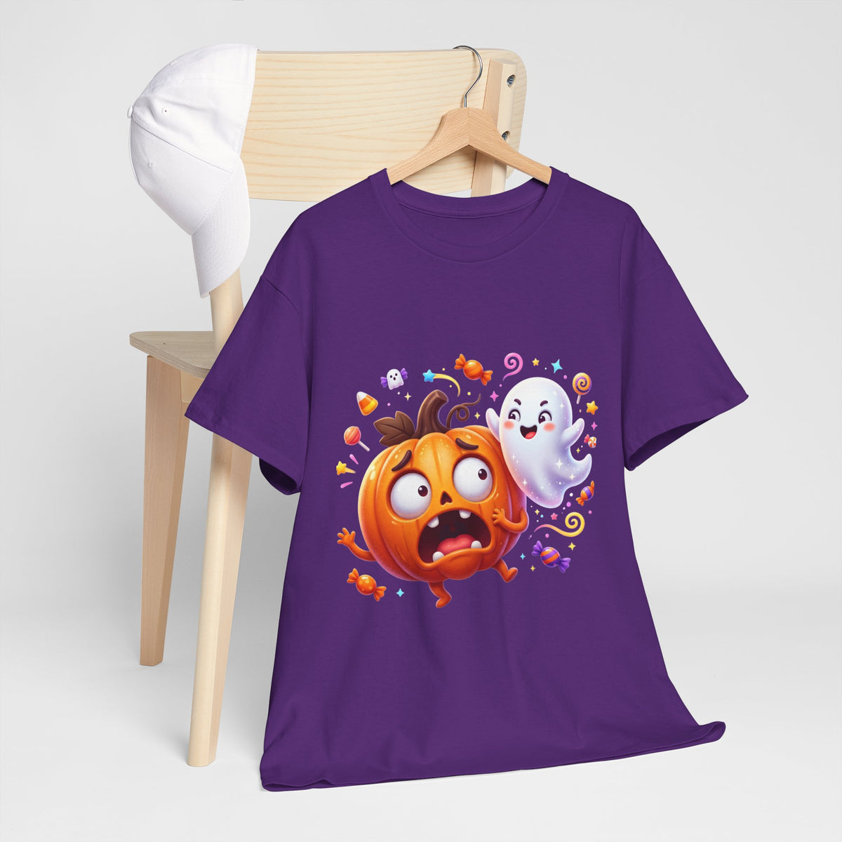 Cute Halloween Pumpkin & Ghost Tee — Scared Pumpkin Candy Graphic T-Shirt