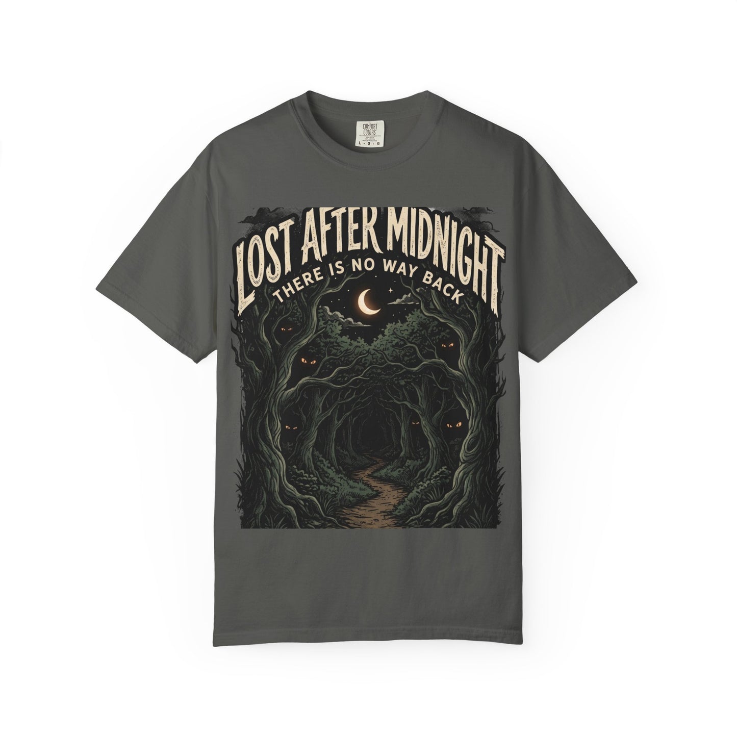 Lost After Midnight T-Shirt — 'There Is No Way Back' Moonlit Forest Tee