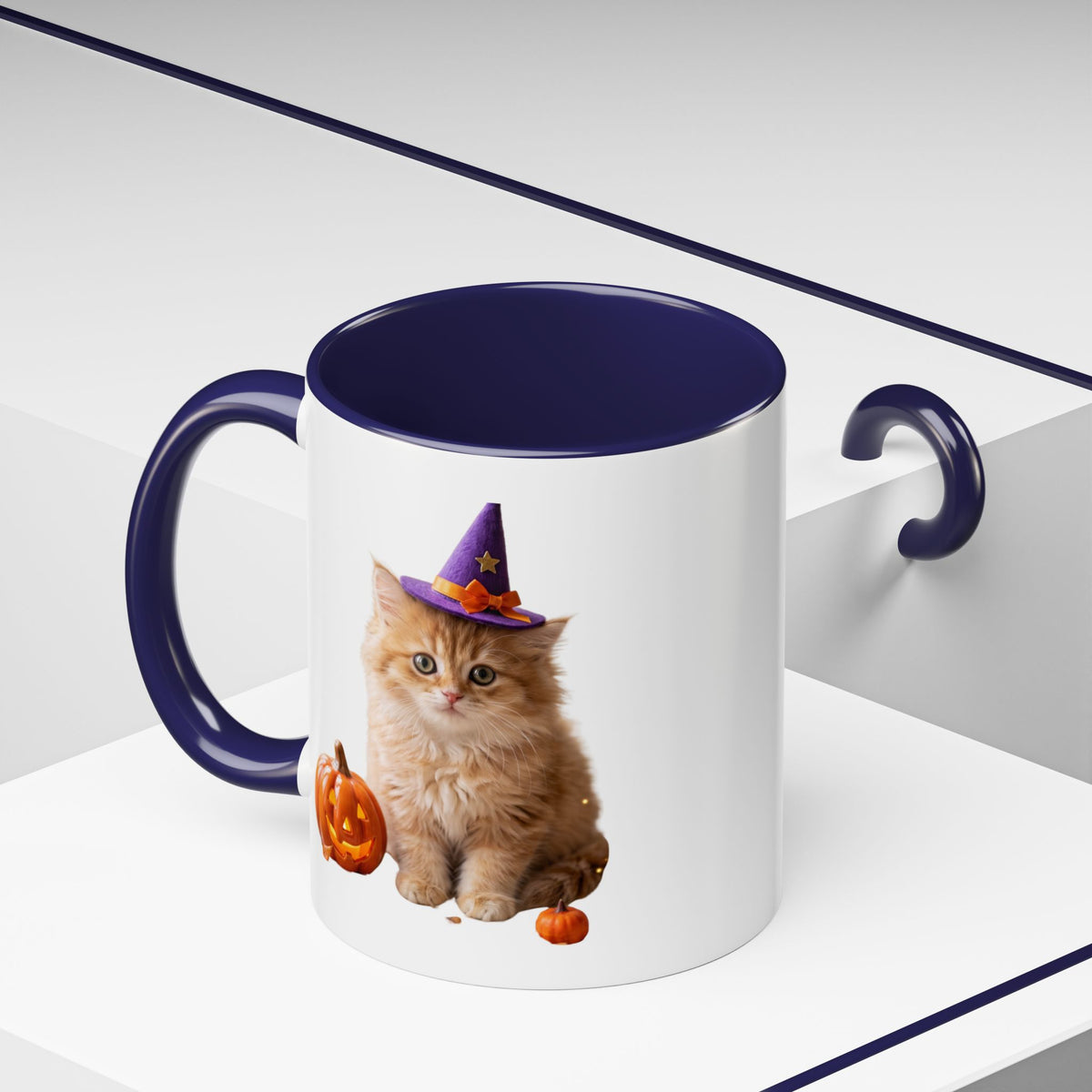 Halloween Cat Coffee Mug with Witch Hat and Pumpkin
