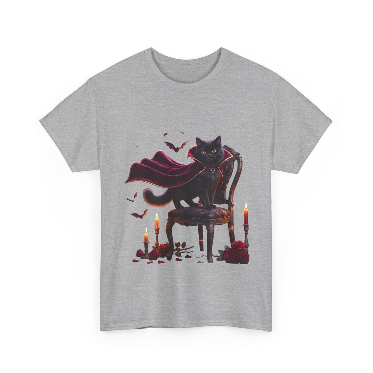 Vampire Cat Tee — Gothic Black Cat with Cape & Candles T-Shirt