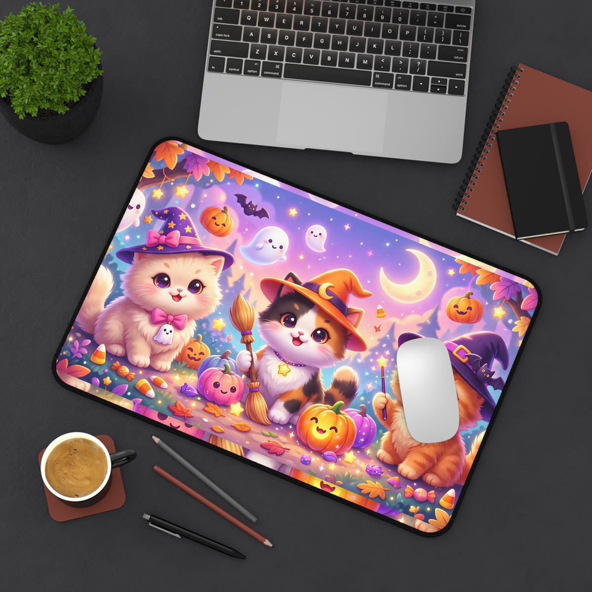 Halloween Kittens Desk Mat — Cute Witch Cat Pumpkins Gaming Mouse Pad