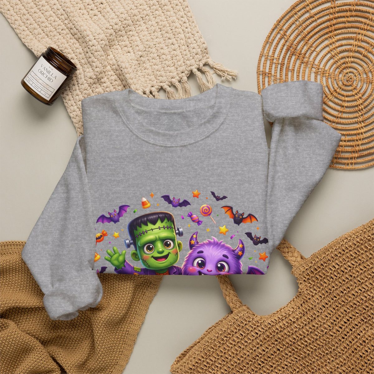 Halloween Monster Crewneck Sweatshirt — Cute Frankenstein, Vampire & Pumpkin Design