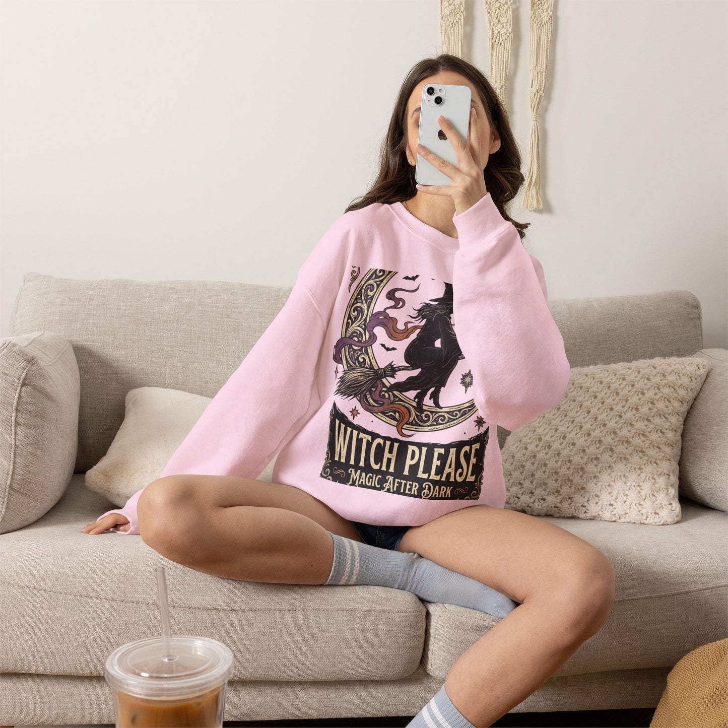Witch Please Crewneck Sweatshirt — 'Magic After Dark' Witch Silhouette on Crescent Moon