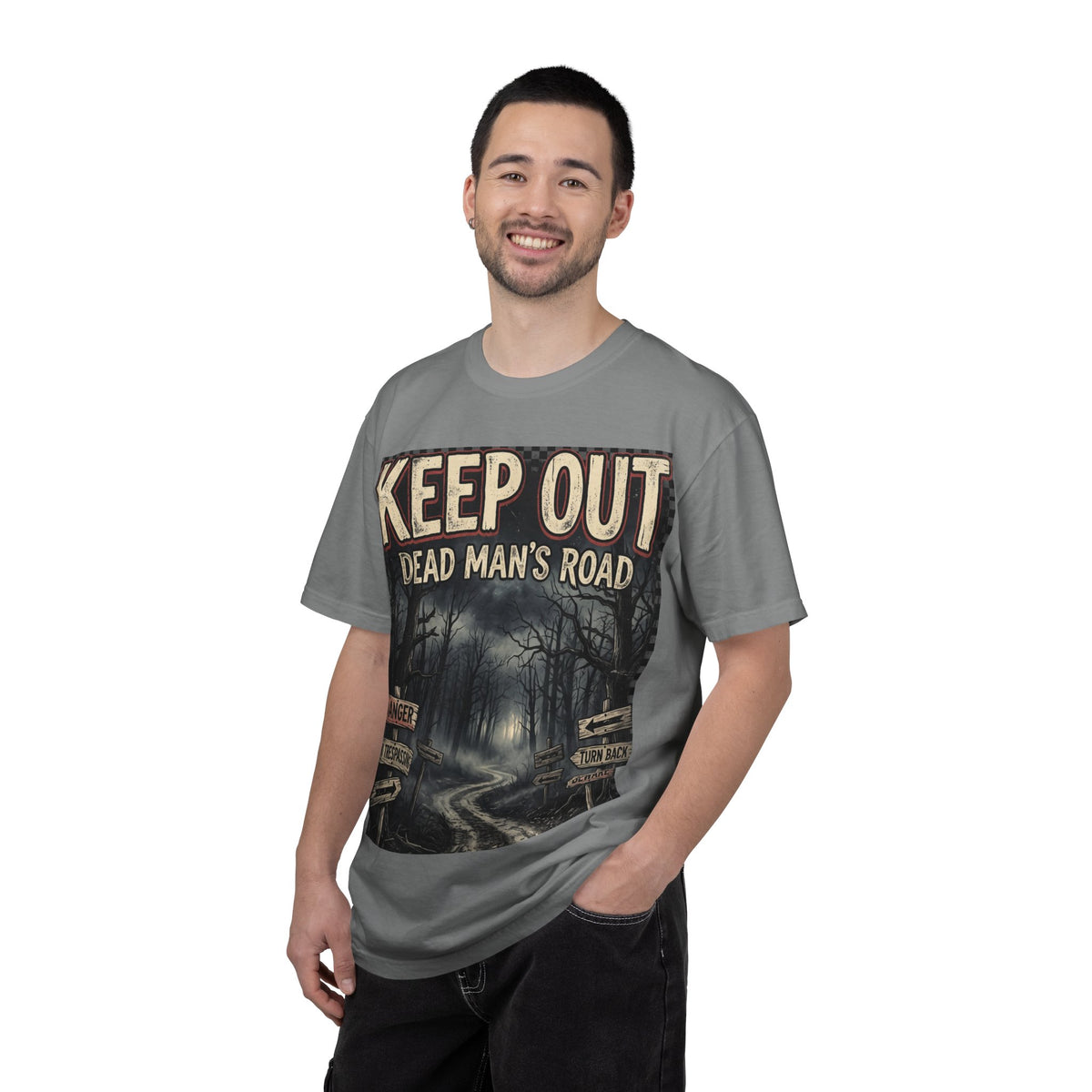 Keep Out "Dead Man's Road" T-Shirt — Spooky Haunted Forest Graphic Tee