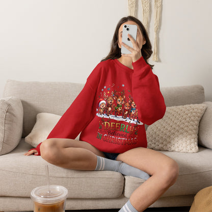 Christmas Reindeer Crewneck Sweatshirt — "Deerly Believed in Christmas" Holiday Pullover