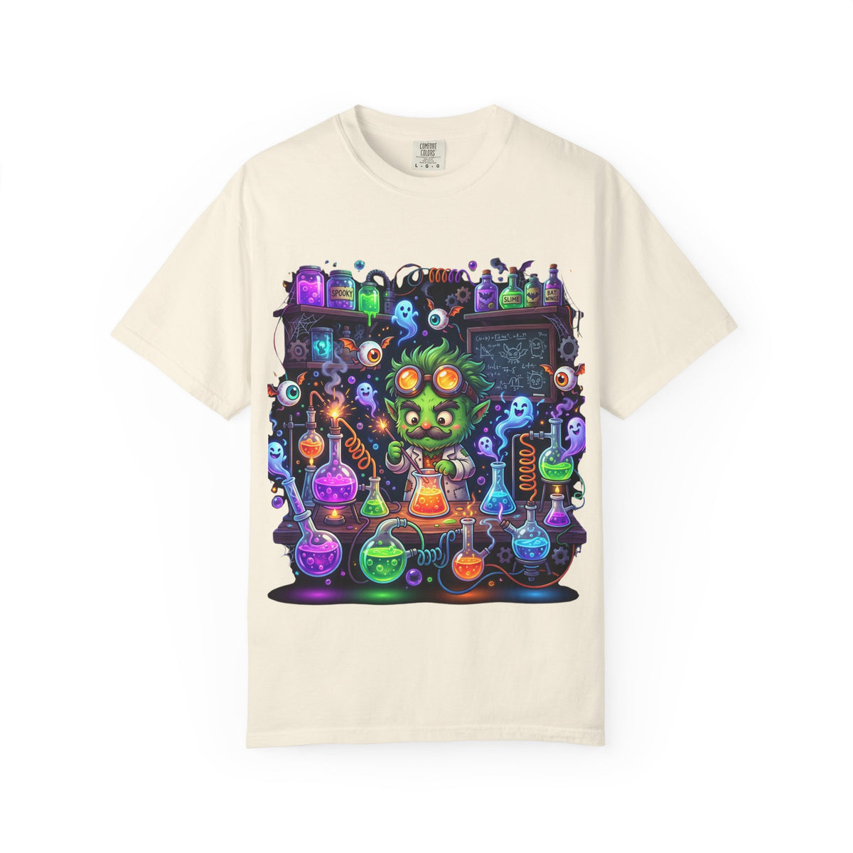 Mad Scientist Cat Lab T-Shirt — Neon Potion Halloween Tee