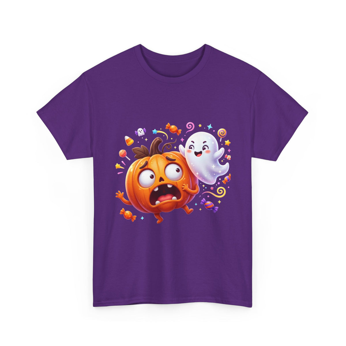 Cute Halloween Pumpkin & Ghost Tee — Scared Pumpkin Candy Graphic T-Shirt