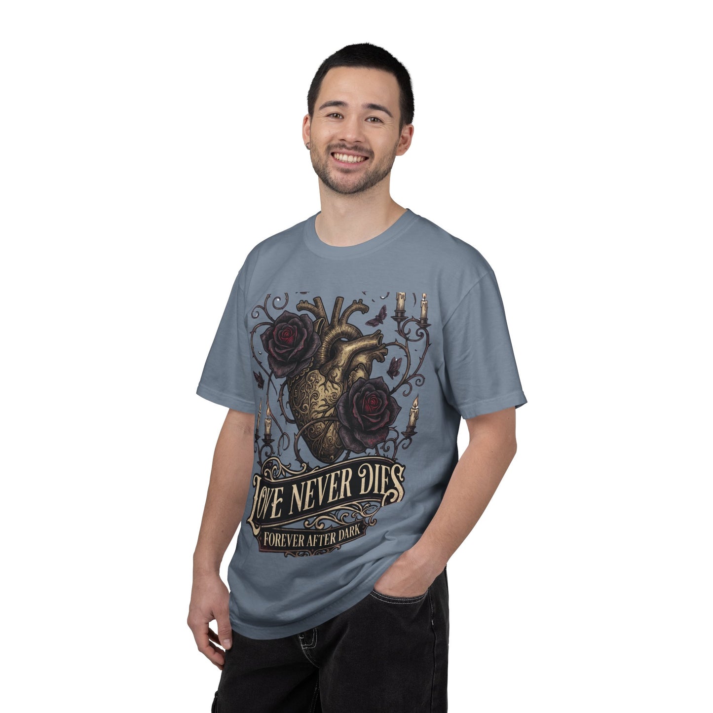 Love Never Dies Heart T-Shirt — Gothic Rose "Forever After Dark" Tee