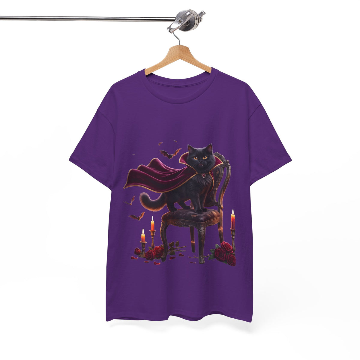 Vampire Cat Tee — Gothic Black Cat with Cape & Candles T-Shirt