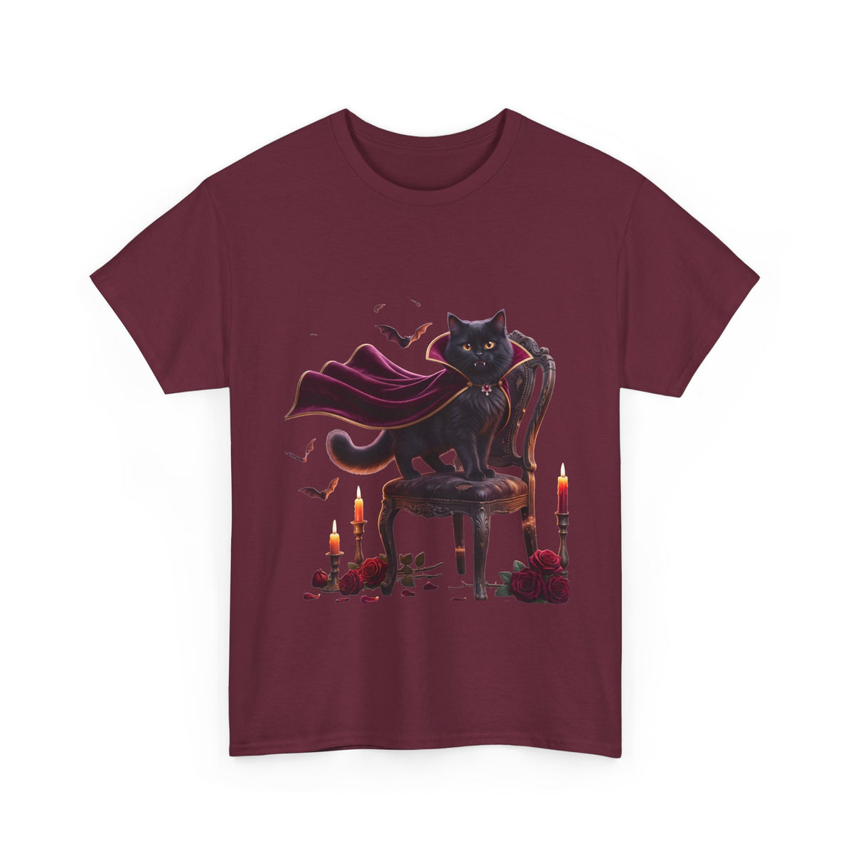 Vampire Cat Tee — Gothic Black Cat with Cape & Candles T-Shirt