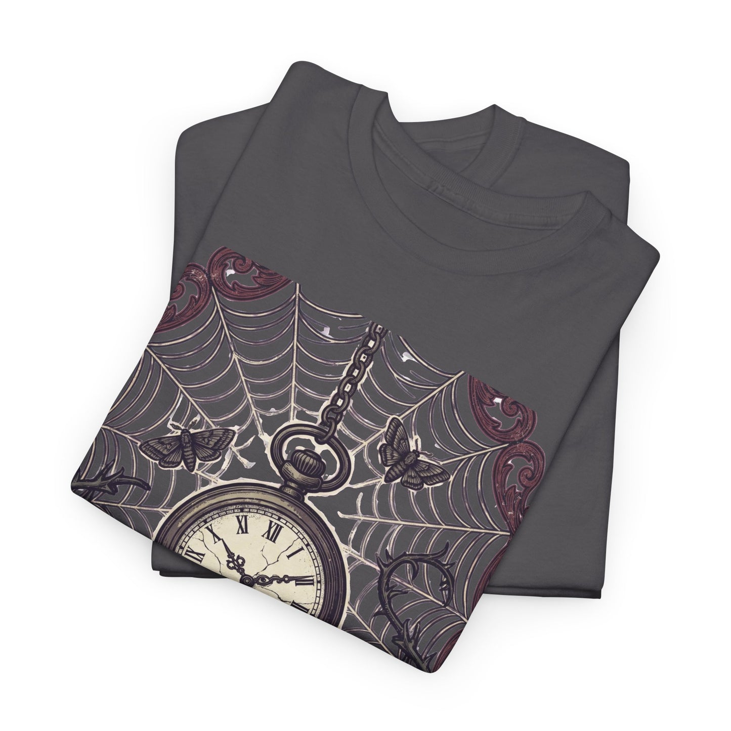Caught in the Night Pocket Watch Tee — Gothic Spiderweb Vintage Clock T‑Shirt