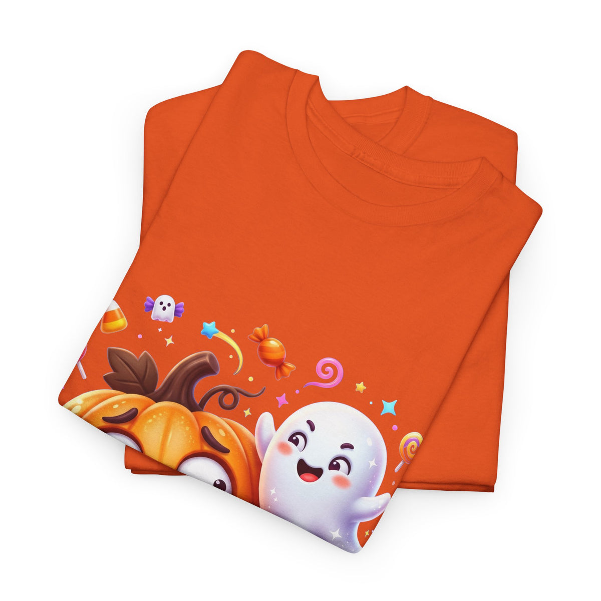 Cute Halloween Pumpkin & Ghost Tee — Scared Pumpkin Candy Graphic T-Shirt