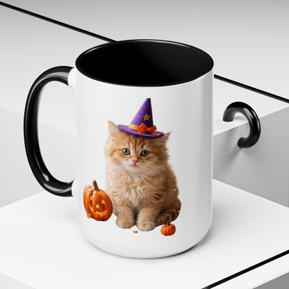 Halloween Cat Coffee Mug with Witch Hat and Pumpkin