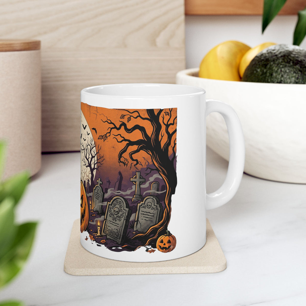Halloween Pumpkin Mug — Spooky Graveyard Jack-o'-Lantern Ceramic Coffee Cup (11oz/15oz)