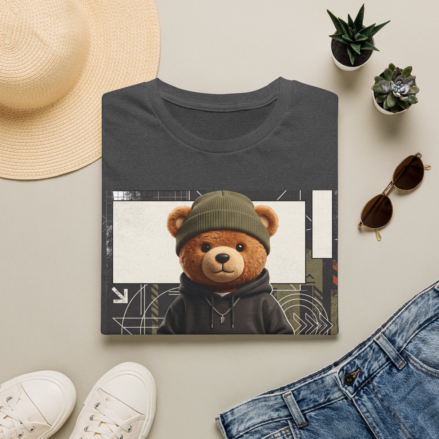 Teddy Bear Graphic T-Shirt — Streetwear Teddy in Beanie & Hoodie
