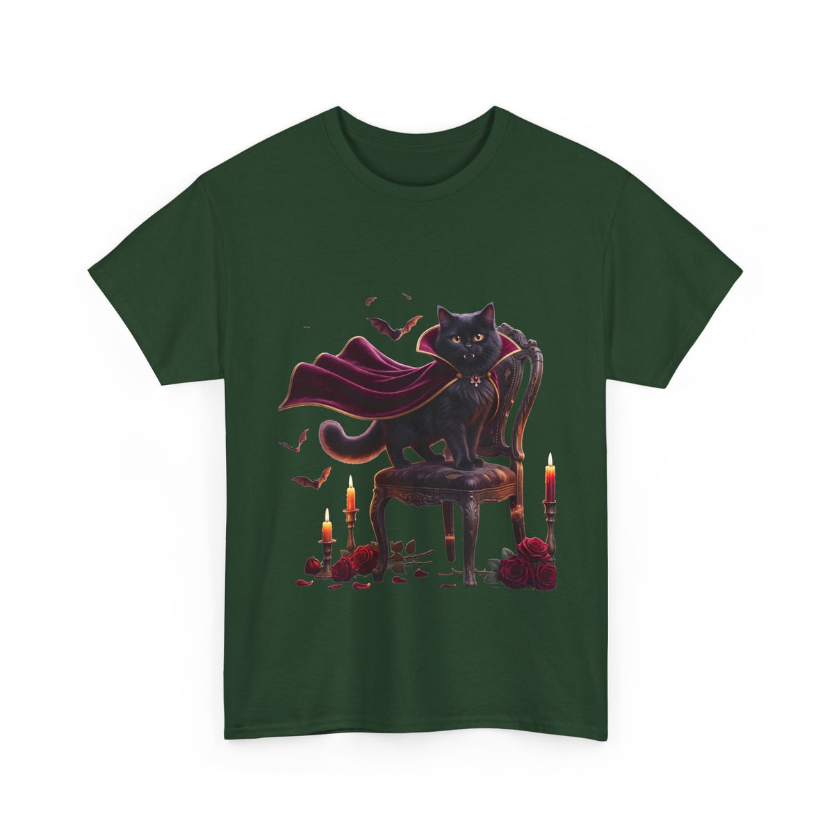 Vampire Cat Tee — Gothic Black Cat with Cape & Candles T-Shirt