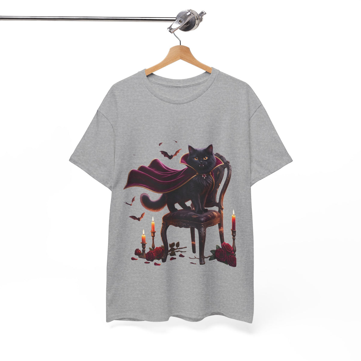 Vampire Cat Tee — Gothic Black Cat with Cape & Candles T-Shirt