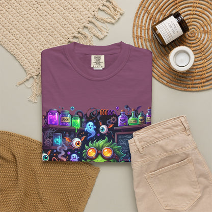 Mad Scientist Cat Lab T-Shirt — Neon Potion Halloween Tee