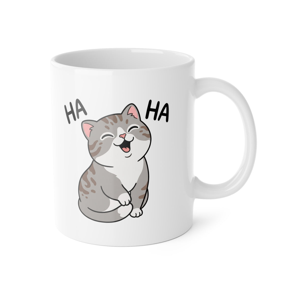 Laughing Cat Mug — Cute Grey Kitten 'HA HA' Ceramic Coffee Cup, Funny Cat Lover Gift