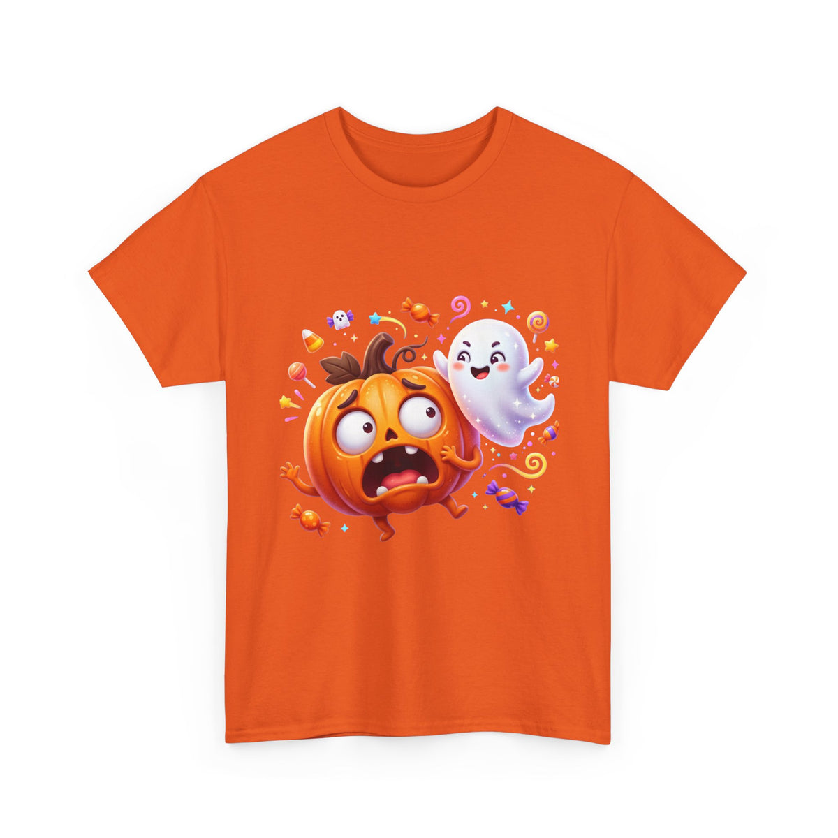 Cute Halloween Pumpkin & Ghost Tee — Scared Pumpkin Candy Graphic T-Shirt