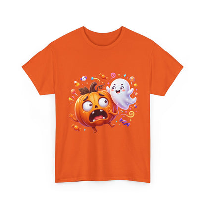 Cute Halloween Pumpkin & Ghost Tee — Scared Pumpkin Candy Graphic T-Shirt