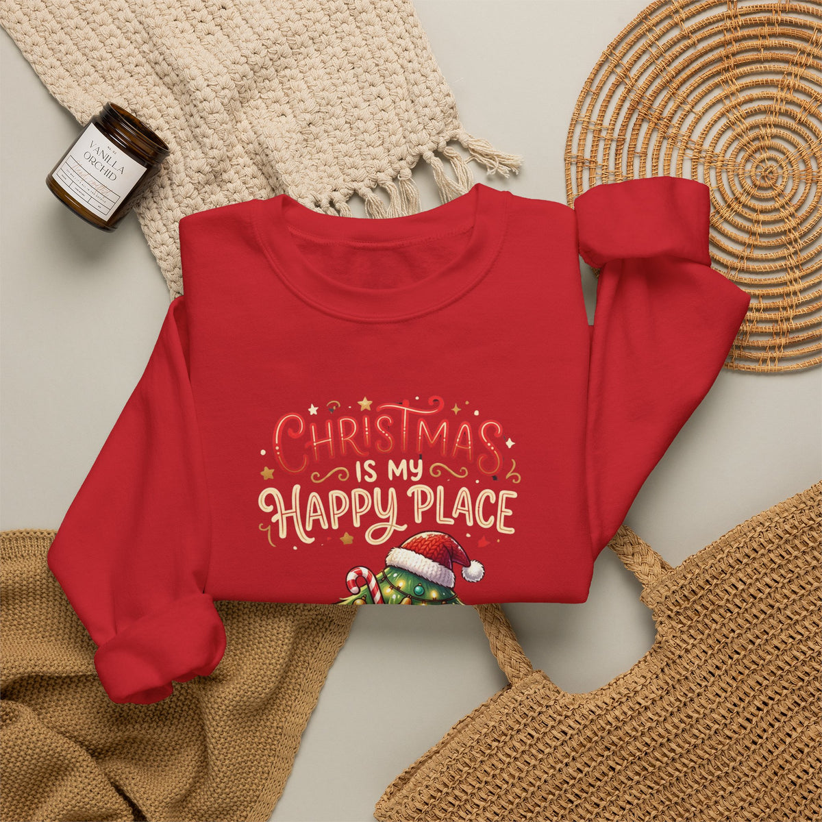 Christmas Happy Place Crewneck Sweatshirt — Cute Kawaii Tree & Gifts Holiday Sweatshirt