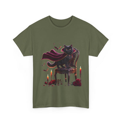 Vampire Cat Tee — Gothic Black Cat with Cape & Candles T-Shirt