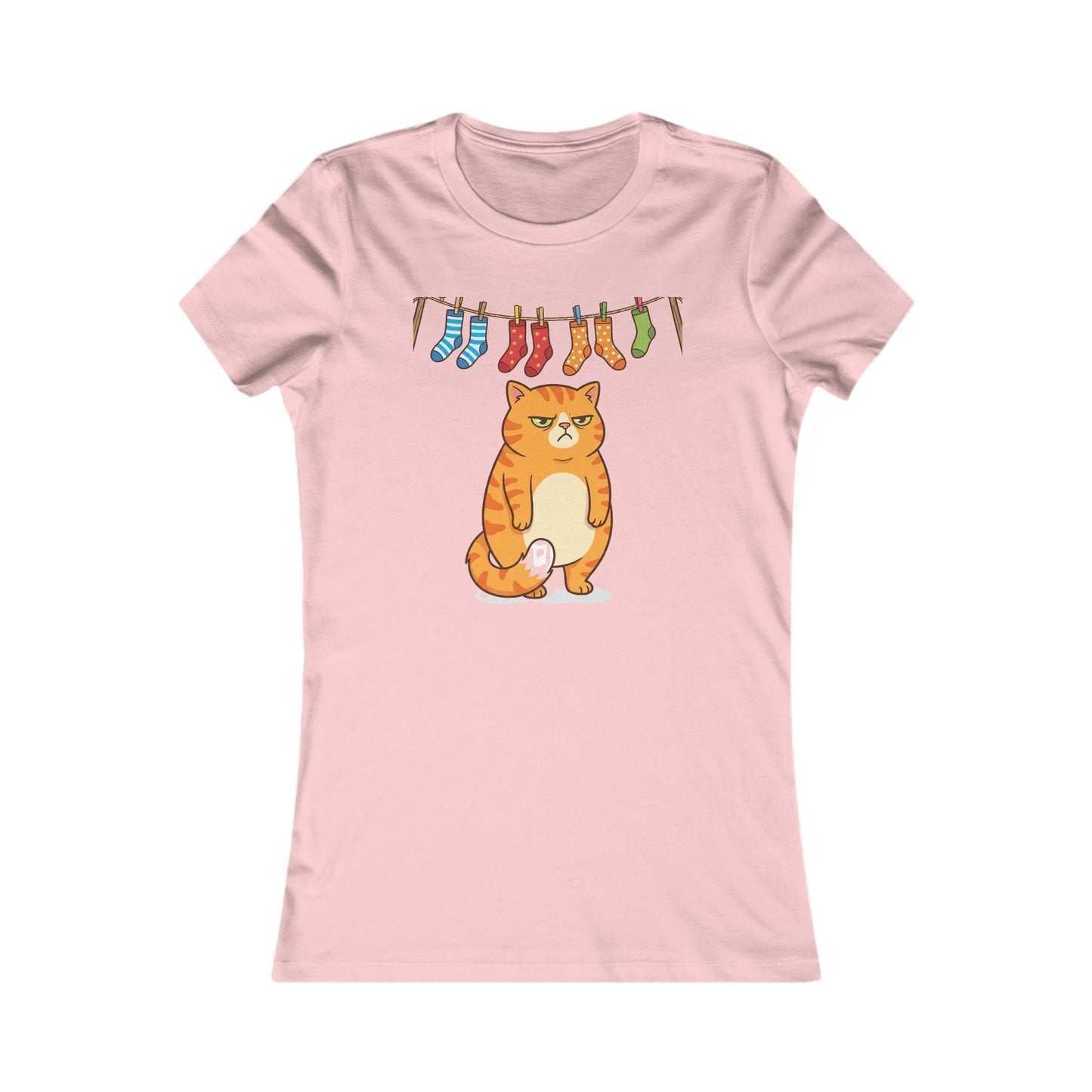 Women's Tee — Cute Grumpy Orange Cat with Hanging Socks Graphic