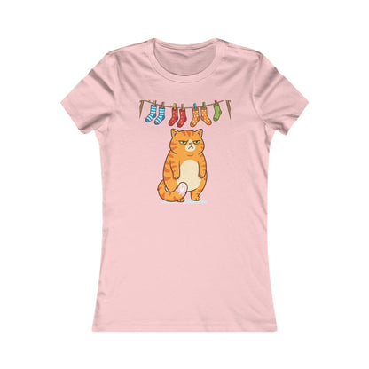 Women's Tee — Cute Grumpy Orange Cat with Hanging Socks Graphic