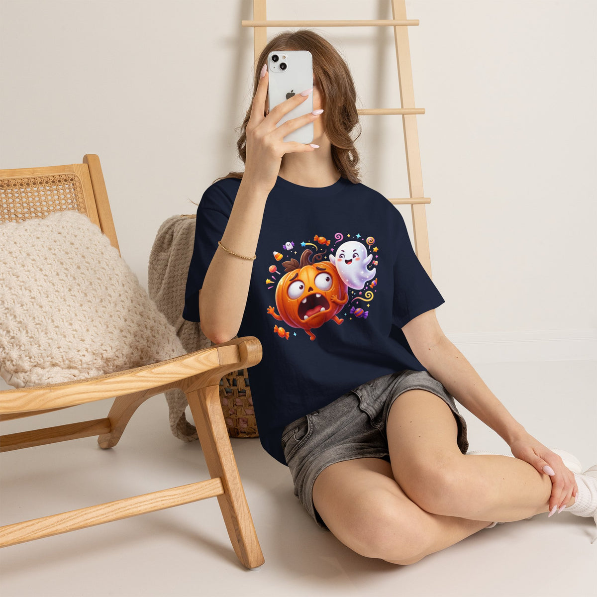 Cute Halloween Pumpkin & Ghost Tee — Scared Pumpkin Candy Graphic T-Shirt