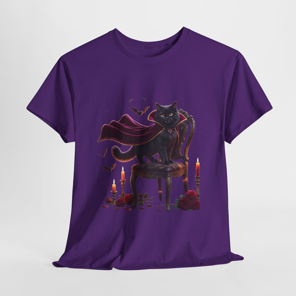 Vampire Cat Tee — Gothic Black Cat with Cape & Candles T-Shirt