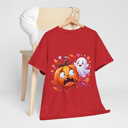 Cute Halloween Pumpkin & Ghost Tee — Scared Pumpkin Candy Graphic T-Shirt