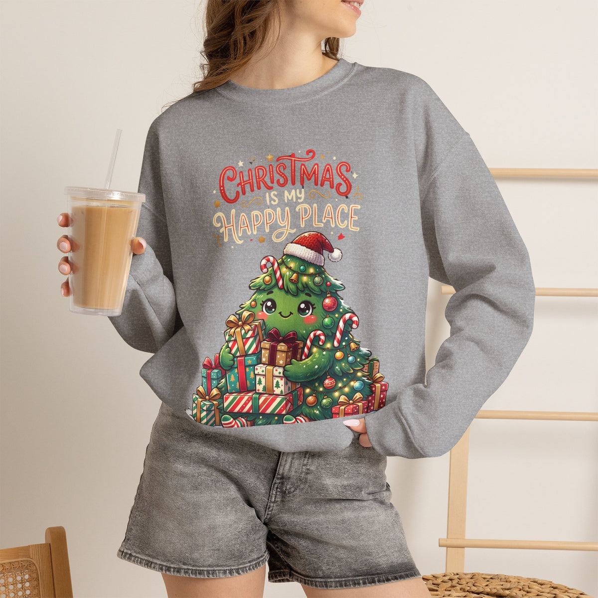 Christmas Happy Place Crewneck Sweatshirt — Cute Kawaii Tree & Gifts Holiday Sweatshirt
