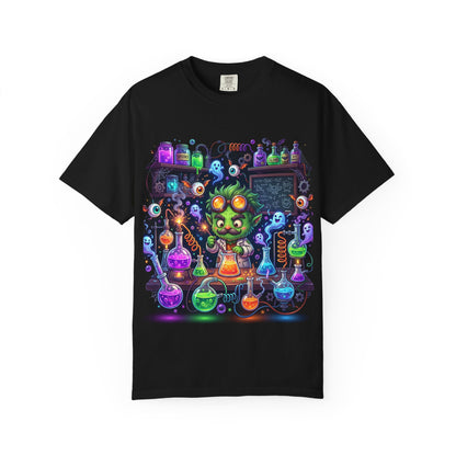 Mad Scientist Cat Lab T-Shirt — Neon Potion Halloween Tee