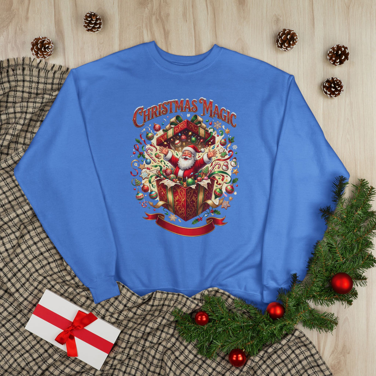 Christmas Magic Crewneck Sweatshirt — Santa Gift Box Holiday Pullover