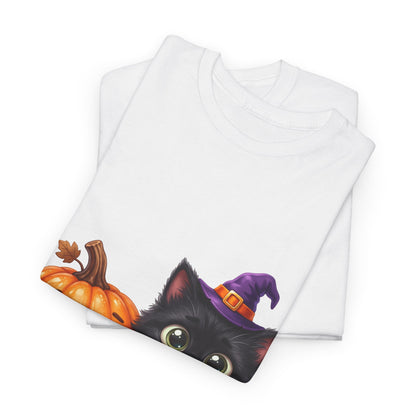 Halloween Black Cat & Pumpkin T‑Shirt — Cute Witch Hat Kitty Fall Tee