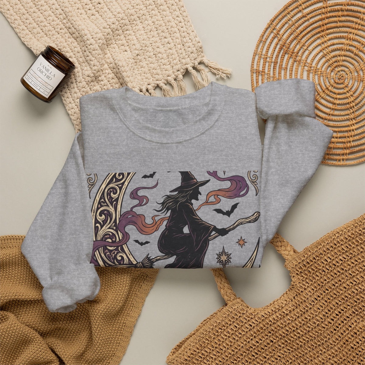 Witch Please Crewneck Sweatshirt — 'Magic After Dark' Witch Silhouette on Crescent Moon