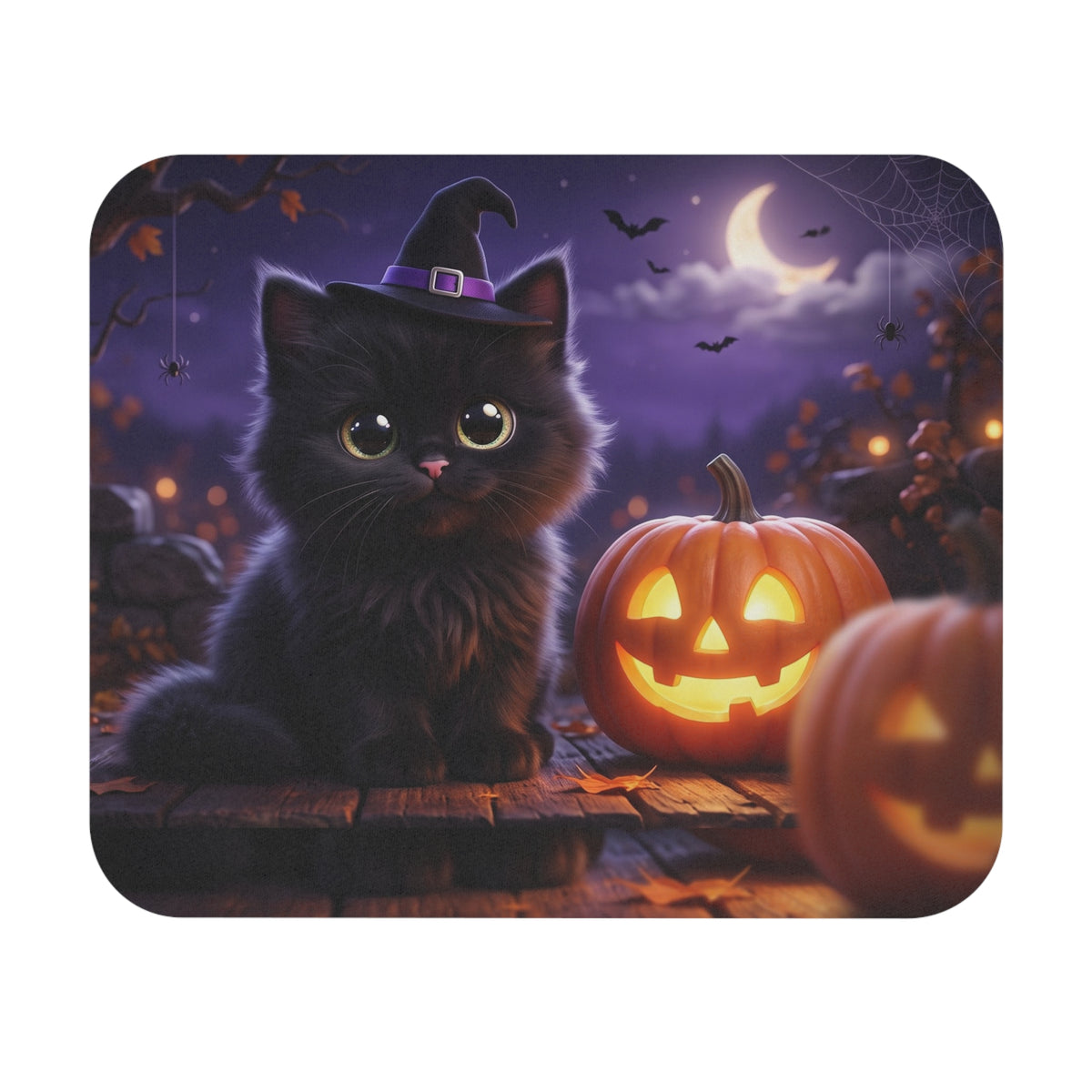Halloween Black Kitten Mouse Pad — Cute Witch Cat with Jack-O'-Lanterns