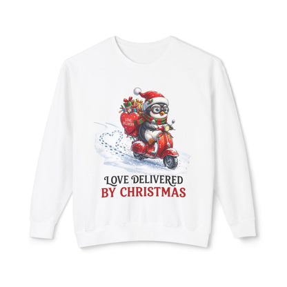 Christmas Penguin Scooter Sweatshirt — "Love Delivered by Christmas" Holiday Crewneck