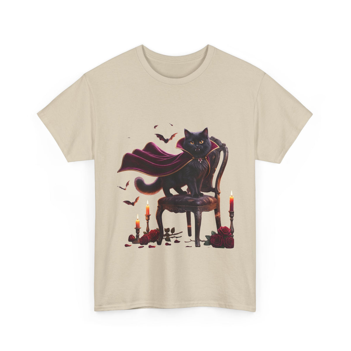 Vampire Cat Tee — Gothic Black Cat with Cape & Candles T-Shirt